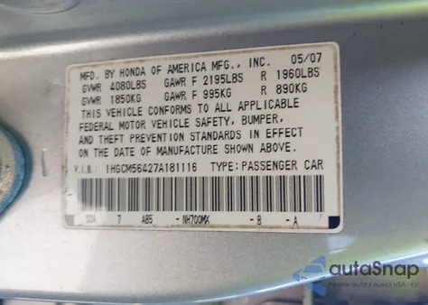 2007 Honda Accord 2.4 Lx z USA, uszkodzony, nr VIN 1HGCM56427A181116